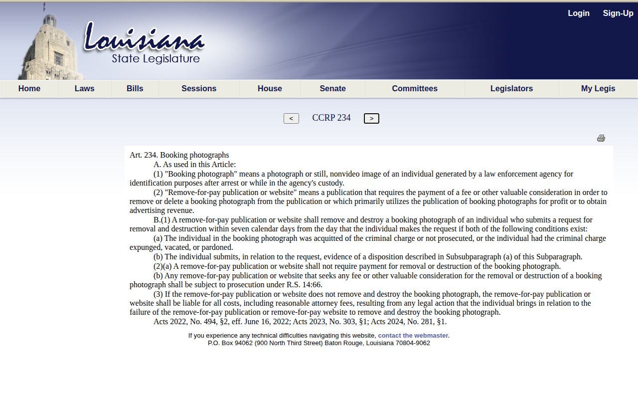 Louisiana law governing Rapides Parish release mugshot publishers